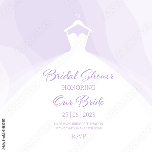 Bridal Shower invitation with wedding dress postcard inn minimalist aesthetic style. Vector illustration in passtel purple tones photo