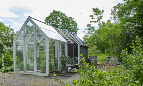 Glass greenhouse in the countryside, vegetable garden.