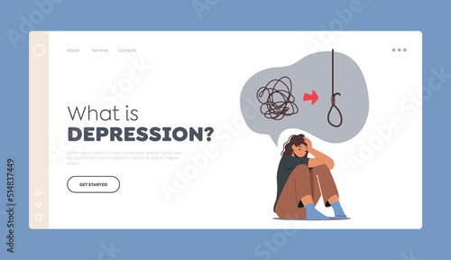 Depression Landing Page Template. Mental Disease, Unhappy Woman Sitting on Floor with Tangled Thoughts in Head