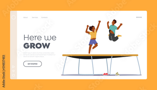 Children Jumping On Trampoline Landing Page Template. Little Black Boy And Girl Having Fun at Summer Vacation or Weekend