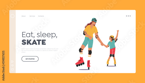 Family Skate Activity Landing Page Template. Mother and Little Daughter Rollerblading. Leisure, Sport Spare Time