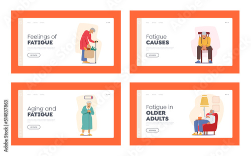 Tired Elderly People Landing Page Template Set. Sad or Forworn Grandfather or Grandmother Health Problems, Loneliness