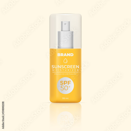 Sunscreen and sunblock spray. Realistic 3d sun protection cosmetics. Summer skincare beauty product