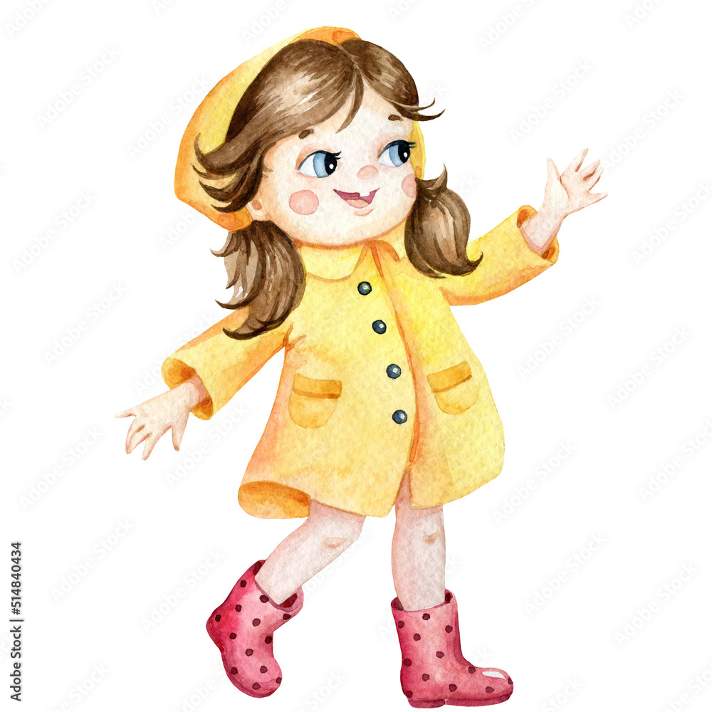 Watercolor kid, playing kid, primary school kid, cute girl, autumn Watercolor kid, playing kid, primary school kid, cute girl, autumn
