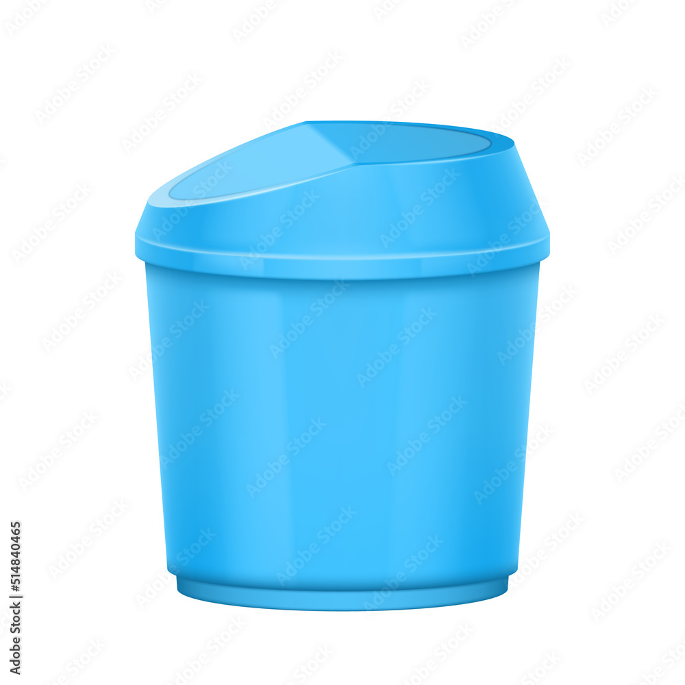 Plastic bucket with handle and lid. Realistic trash bin container. Blue dustbin or basin for water Plastic bucket with handle and lid. Realistic trash bin container. Blue dustbin or basin for water