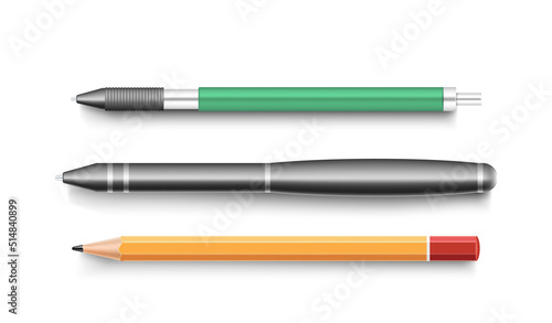 Office writing items. Realistic modern ball point pen and pencil with eraser set