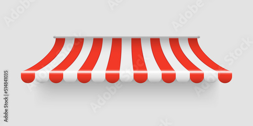 Realistic striped store sunshade awning. Red and white market umbrella. Front tent roof for shop