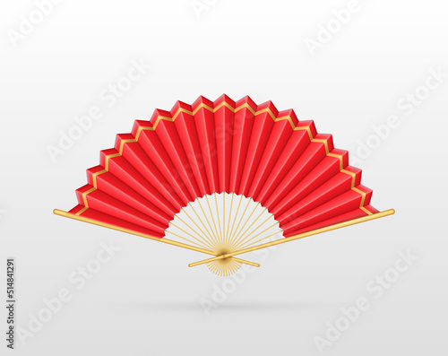 Chinese and Japanese traditional fan paper and bamboo realistic 3d design. Red folding silk fan