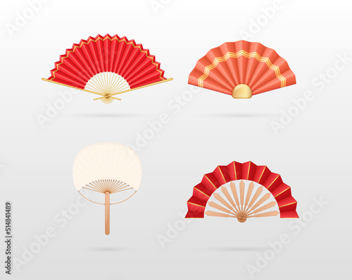 Realistic detailed 3d asian fans set symbol of asia culture. Chinese and japanese paper folding fan