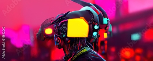 A cyborg with a glowing face-screen looks directly into the background of a blurred cyberpunk landscape in bright neon colors. Futuristic 3D illustration