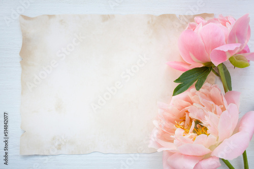 Pink coral peonies and vintage paper on a white table, space for text. Background for congratulations, invitation, letter.