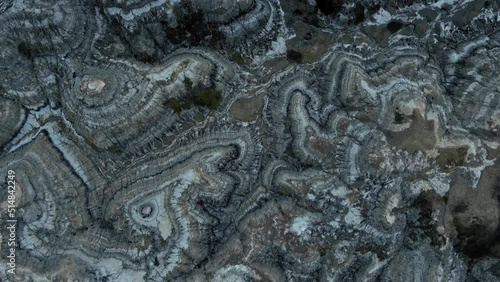 Overhead aerial footage of geological stratum in canadian badlands, drone video from Horsethief Canyon, Alberta, Canada
 photo