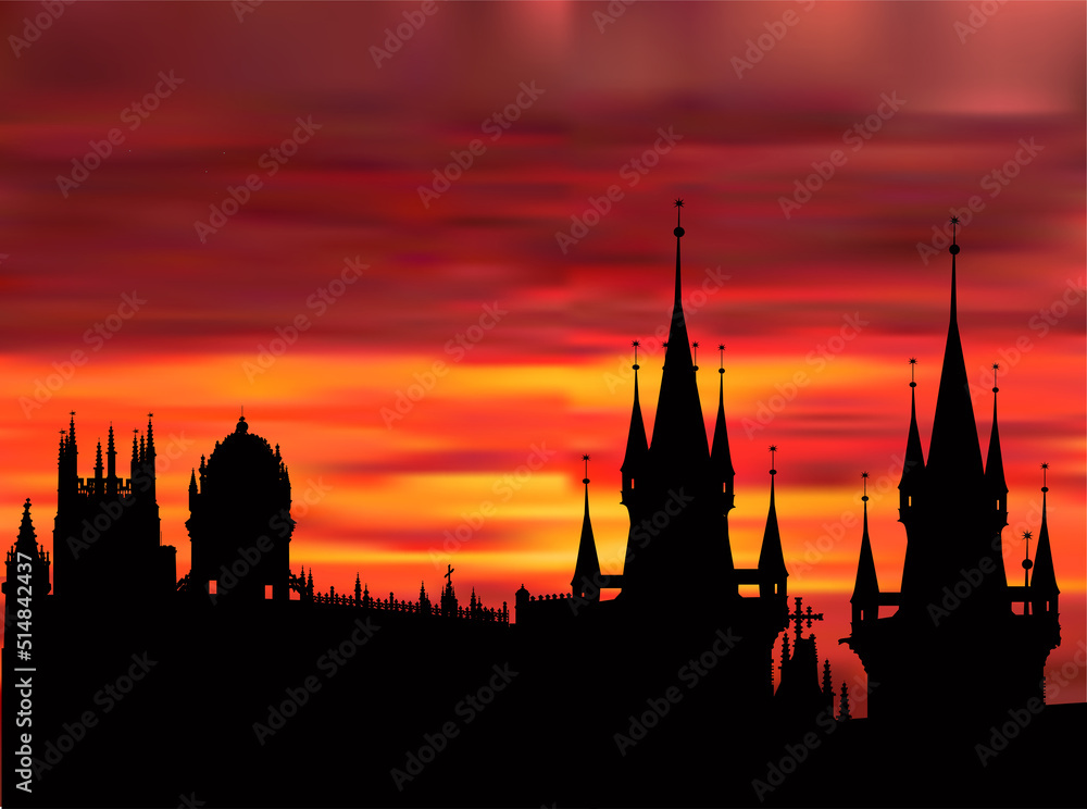 large castle at dark red sunset