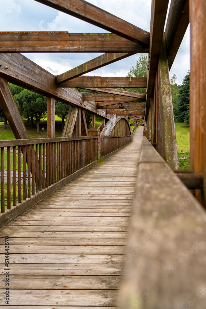 Wooden bridge with geometric perspective