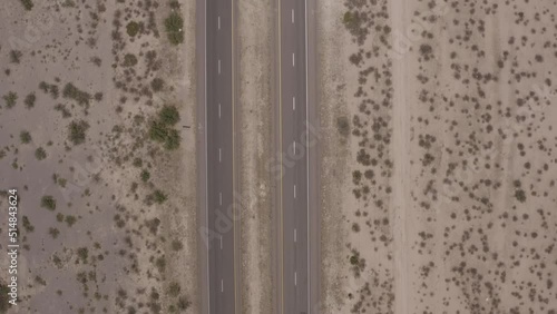 Aerial, drone footage of a desert highway near White Sands New Mexico photo