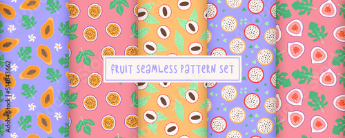 Seamless fruit pattern set. Papaya, maracuja, lychee, dragon fruit pitaya, fig. Hand drawn doodle collection. Exotic plant vector. Pastel tropic fabric print, wallpaper, wrapping paper, package, menu