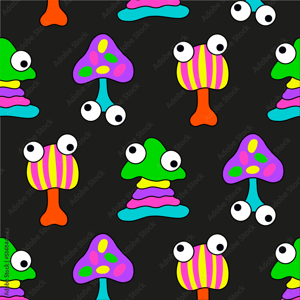 Fototapeta premium Psychedelic trippy acid rave pattern. Trendy abstract mushroom in cartoon style. For textiles, postcards, posters,.