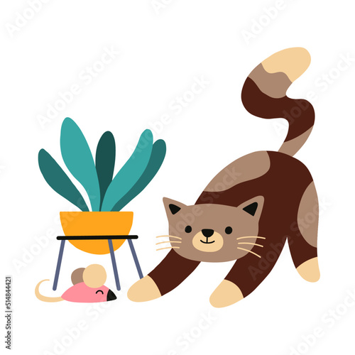 Vector illustration of funny playful cat hunting a toy mouse. Cute animal for stickers, web, cards, ads, social media. Expressive pet characters. Cat day. Flat hand drawn cartoon vector illustration