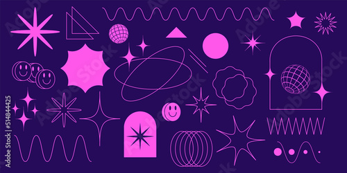 Abstract y2k brutalist shapes, trendy geometric elements.Trendy primitive memphis style,bauhaus minimalist modern graphic design elements.Naive Vector set of Basic figures:stars, shere, lines,circles.