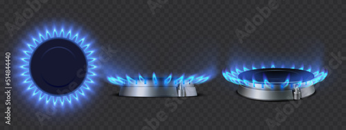 Realistic set of gas burners side, top, and perspective view. Propane butane blue flame in cooking oven.