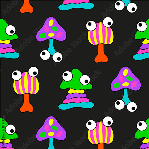 Psychedelic trippy acid rave pattern. Trendy abstract mushroom in cartoon style. For textiles  postcards  posters .