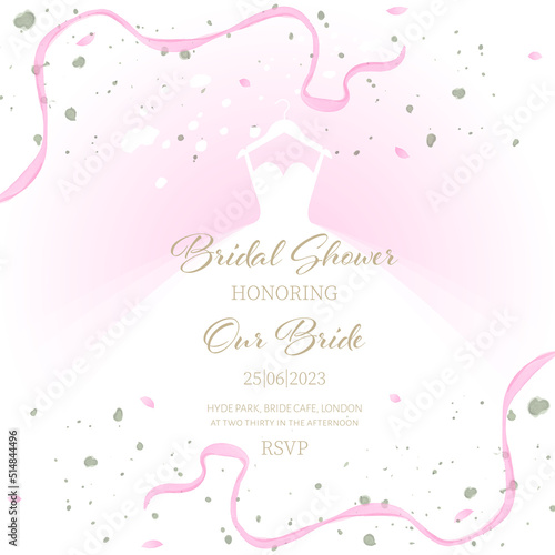 Bridal Shower invitation with wedding dress postcard in rustic style. Greenery Watercolor Floral pink template card design.