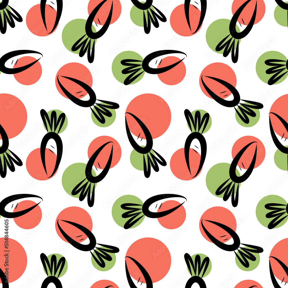 Vector illustration of seamless background of orange and green carrots on beige surface Vector illustration of seamless background of orange and green carrots on beige surface