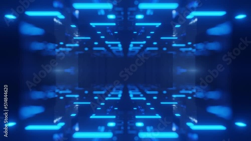 Fly through symmetrical technology cyberspace with neon glow. Sci-fi flight through hi-tech technology tunnel. Neon light. 3d looped 4k bg. sci-fi constructions, mysterious 3d objects photo