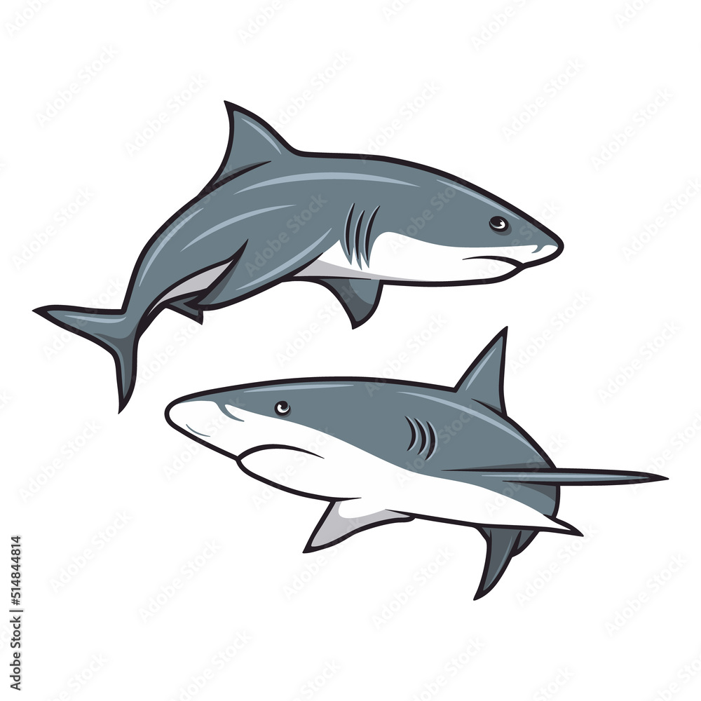 Vector Cartoon Shark Set Isolated. Hand Drawn Colored White Sharks with  Contour. Ocean Predator. Marine, Ocean, Sea Animals. Shark Character Design  for Logo, Tatto, Print, Cards Stock Vector | Adobe Stock
