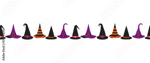 Halloween witch hats fancy seamless border vector pattern. Cute wizard caps cartoon design element. Halloween symbol set isolated. 31 October holiday fun banner background, card, flyer frame template