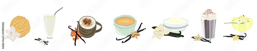 Group of tasty vanilla desserts on white background Group of tasty vanilla desserts on white background
