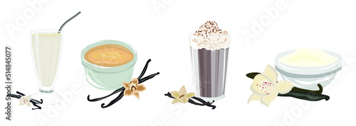 Group of tasty vanilla desserts on white background