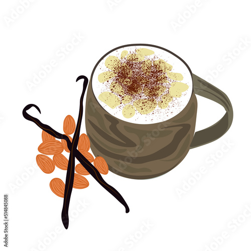 Cup of tasty almond latte on white background