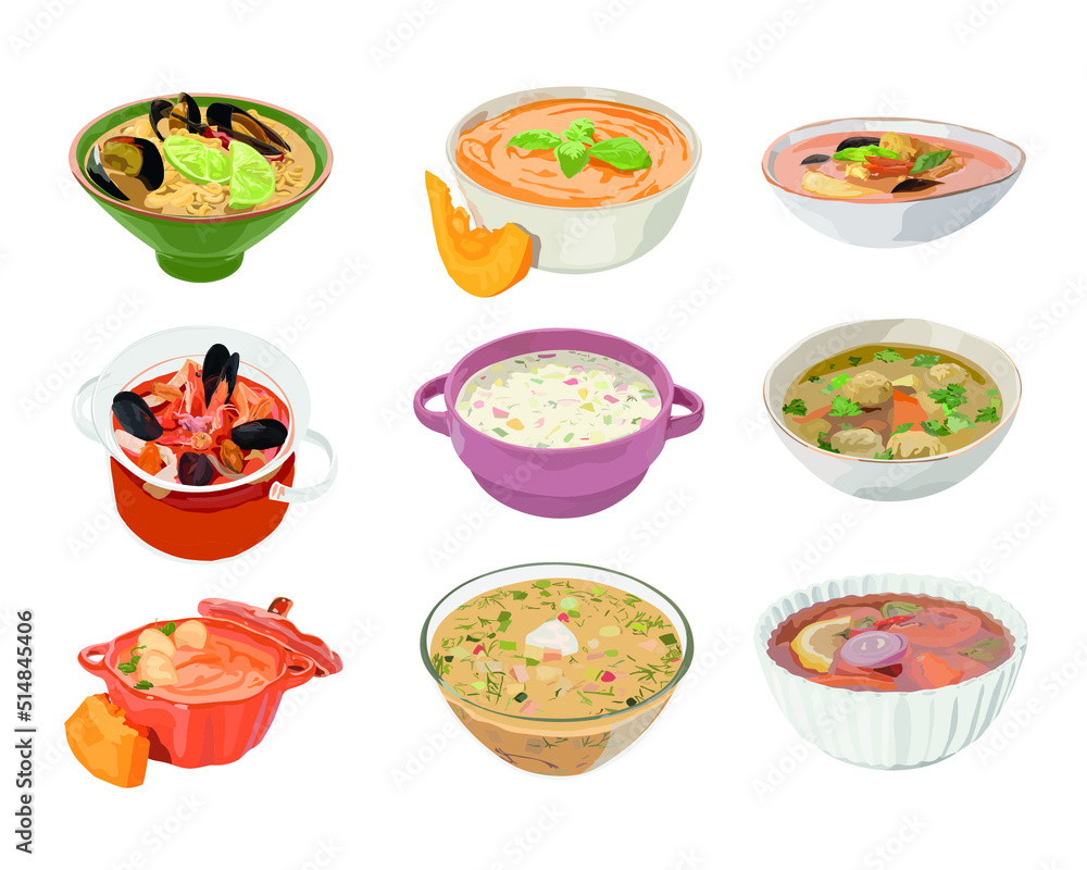 Set of traditional soups in bowls on white background Set of traditional soups in bowls on white background