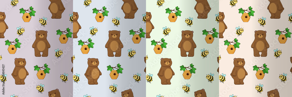 Fototapeta premium Cute brown bear with bees and a beehive. Children's vector graphics, seamless pattern