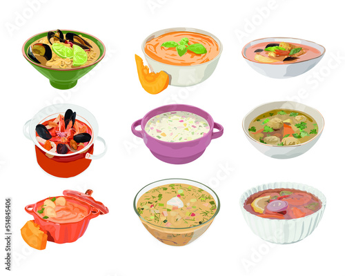 Set of traditional soups in bowls on white background