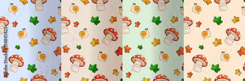Cute mushroom fly agaric, snail, leaf. Children's vector graphics, seamless pattern
