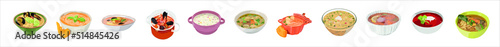 Set of traditional soups in bowls on white background