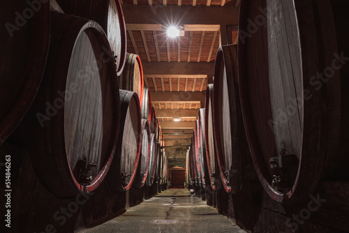 Fotografie Rows of wooden wine-filled casks line the cellar of the winery, a wine vault wit