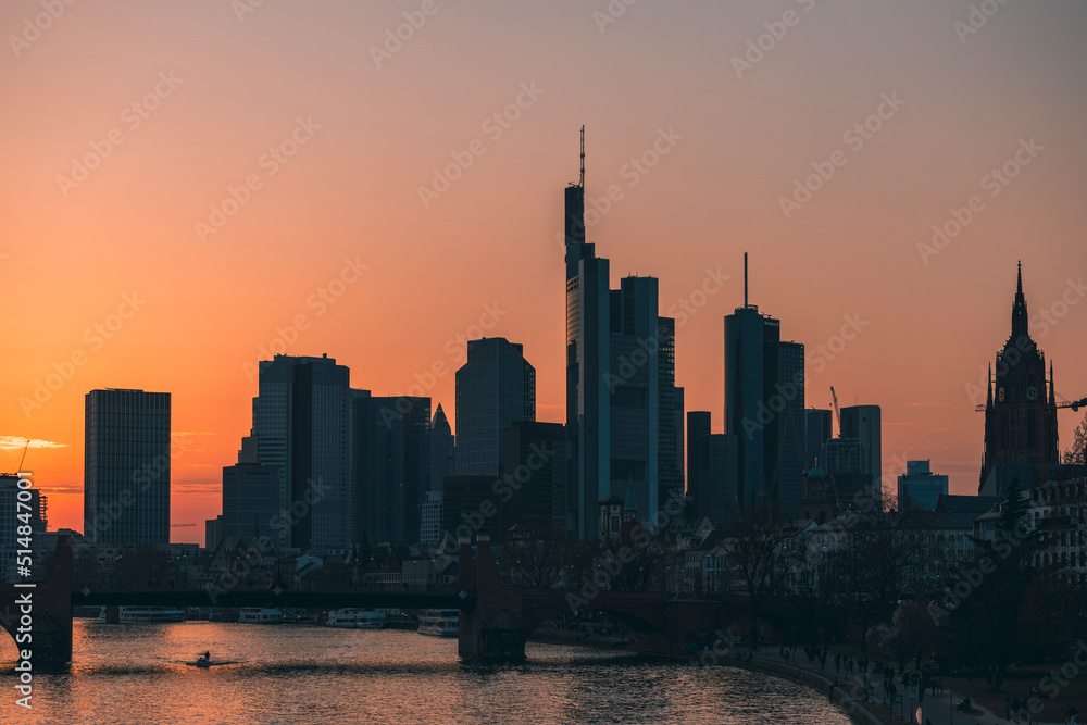 Frankfurt city skyline at sunset