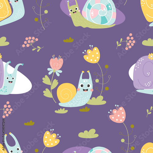 Seamless pattern with cute snails. Decorative insects molluscs with flowers and grass on purple background. Vector illustration. Pattern with animals for childrens collection design, decor, wallpaper