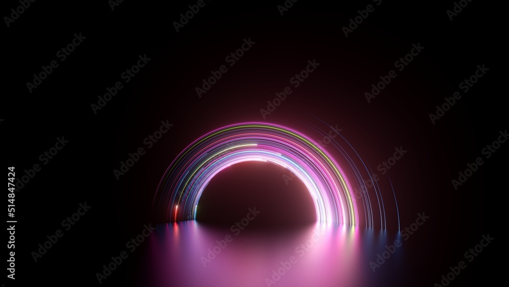 Fototapeta premium 3d render, abstract black background with pink neon round arch. Glowing lines and reflection