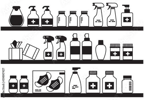 Pharmacy vector shelf, showcase medicine store, black bottles, boxes pills and containers drug, packaging medication isolated on white background. Line design. Health illustration