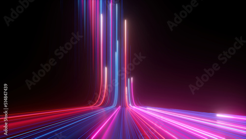 Tela 3d rendering, abstract neon background with ascending pink and blue glowing lines