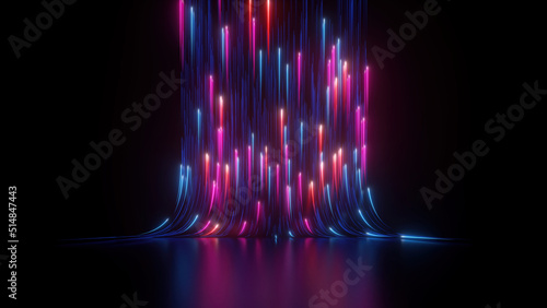 Fotografia 3d rendering, abstract neon background with ascending pink blue red glowing lines, light beam