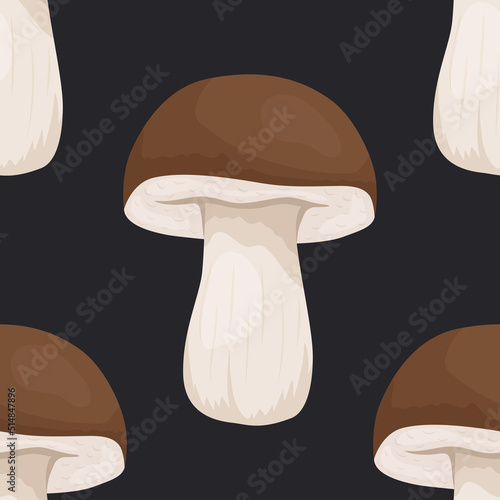 Vector Seamless Pattern with Bolete Mushroom on Black. Seamless Texture, Hand Drawn Cartoon Bolete Mushrooms. Design Template for Textile, Wallpaper, Print. Leccinum Scabrum, Penny Bun