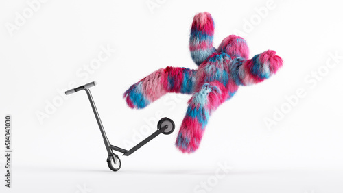 3d rendering, colorful hairy Yeti monster falls from scooter vehicle, furry beast cartoon character. Accident injury concept. Fluffy toy isolated on white background © NeoLeo