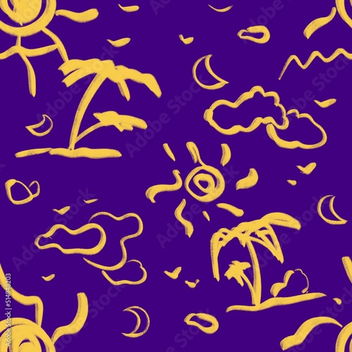 Summer endless pattern. Sun, clouds, and palm trees. A fun tropical print.