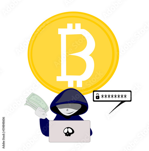 scammer cartoon character.Online crime concept . Swindler and a thief are working at the computer. Vector flat illustration isolated on white background.Bitcoin hacker, crypto theft .