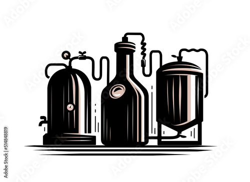 Industrial equipment from copper tanks for distillation of alcohol. Distillery, brewery symbol. Vector illustration